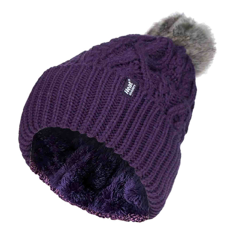 Ladies Knitted Turnover Cuffed Pom Pom Beanie Hat with Bobble