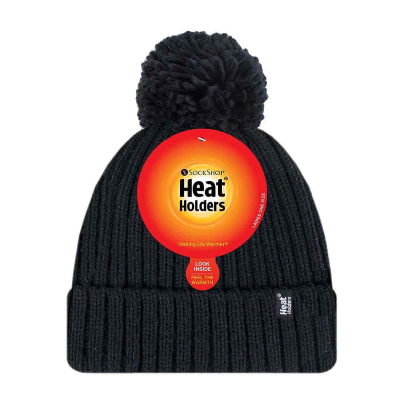 Ladies Ribbed Cuffed Thermal Insulated Winter Pom Pom Bobble Hat