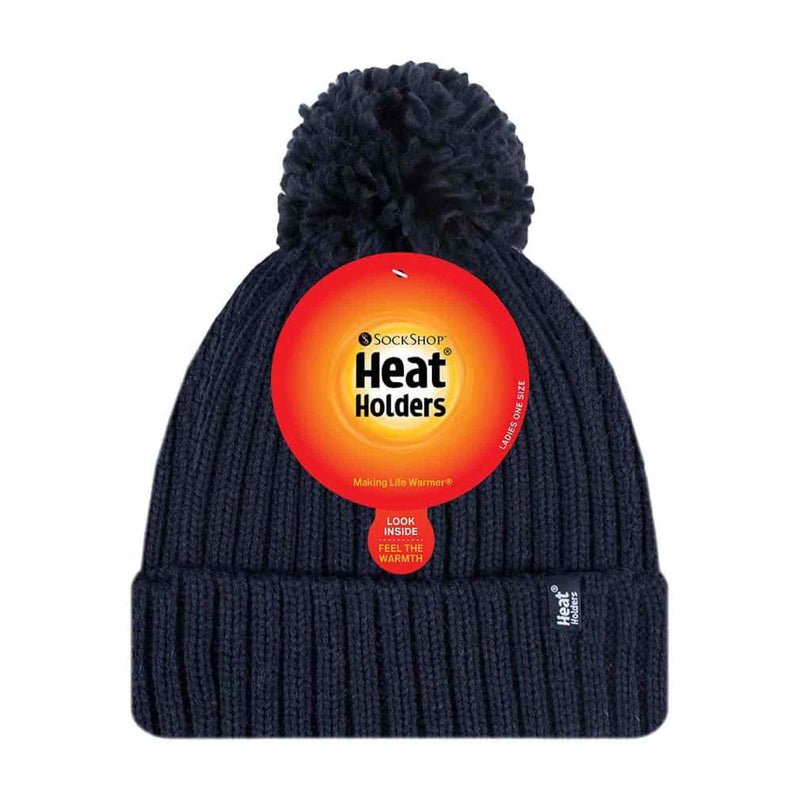 Ladies Ribbed Cuffed Thermal Insulated Winter Pom Pom Bobble Hat