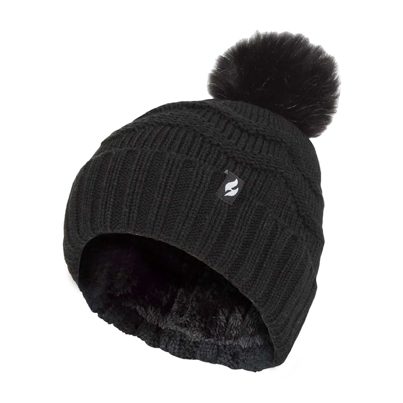 Ladies Zig Zag Turnover Thermal Pom Pom Hat for Winter