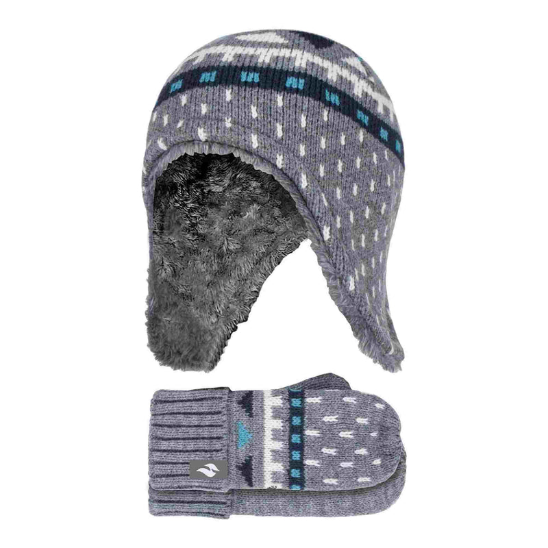 Boys Outdoor Thermal Winter Hat with Ear Flaps & Mittens Gloves Set