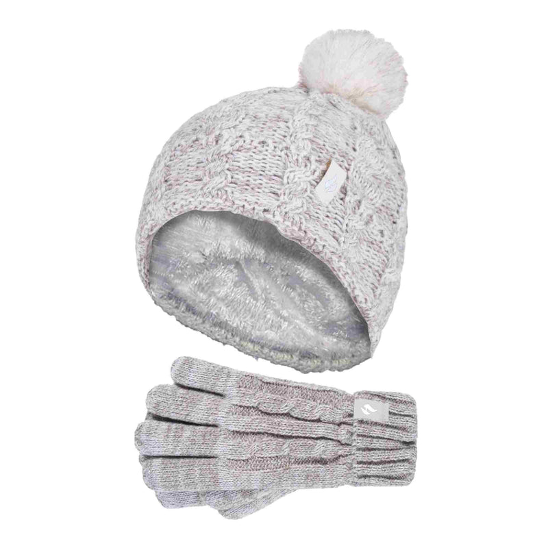 Girls Cable Knit Bobble Pom Pom Thermal Hat & Gloves Set