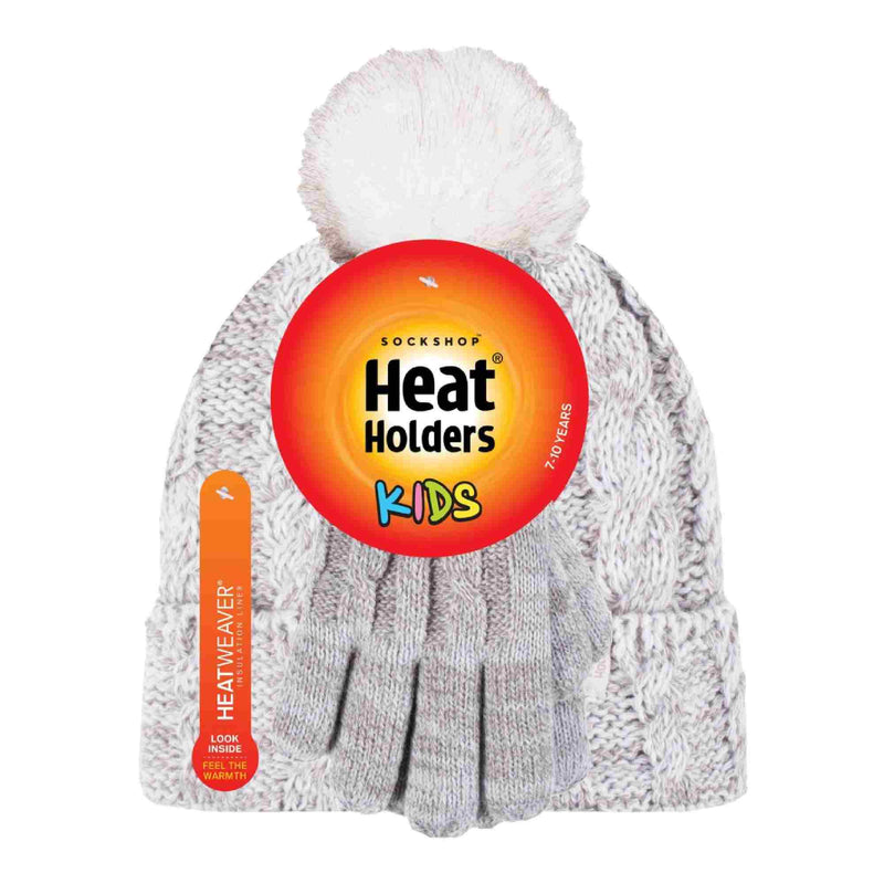 Girls Cable Knit Bobble Pom Pom Thermal Hat & Gloves Set