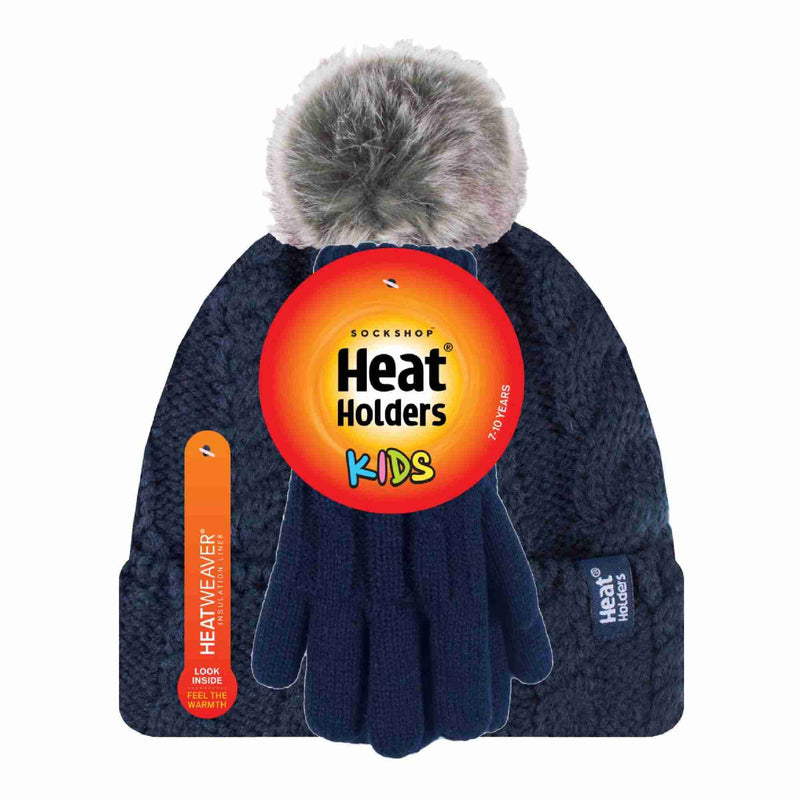 Girls Cable Knit Bobble Pom Pom Thermal Hat & Gloves Set