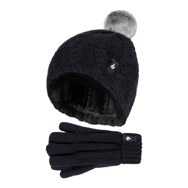 Girls Cable Knit Bobble Pom Pom Thermal Hat & Gloves Set