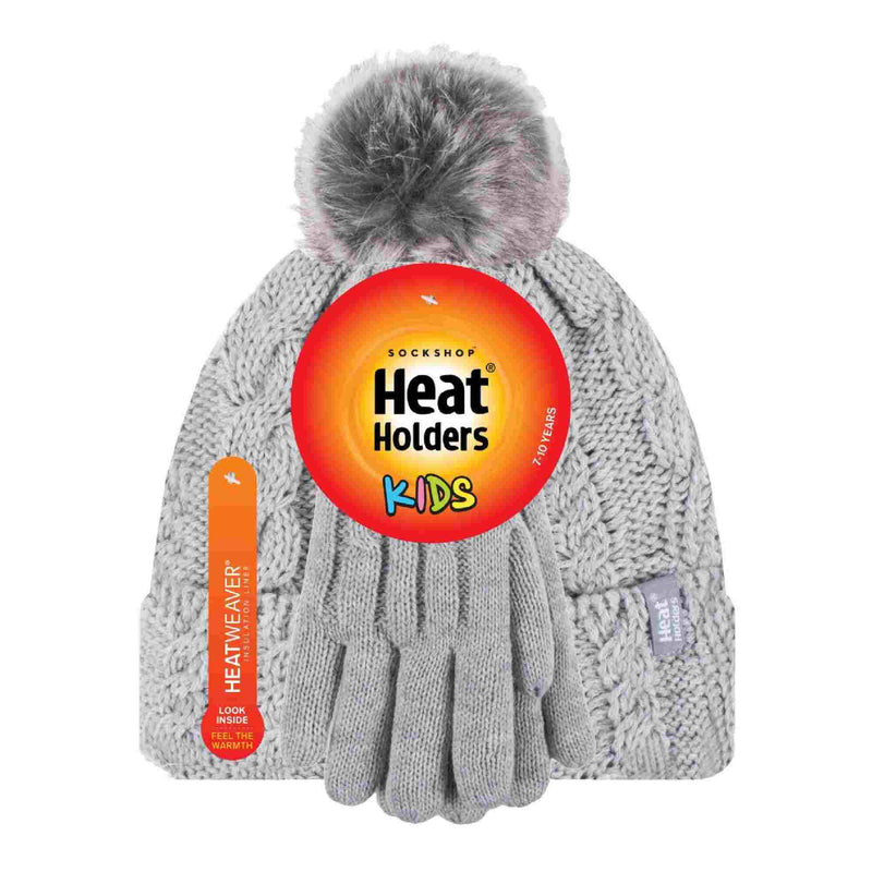 Girls Cable Knit Bobble Pom Pom Thermal Hat & Gloves Set
