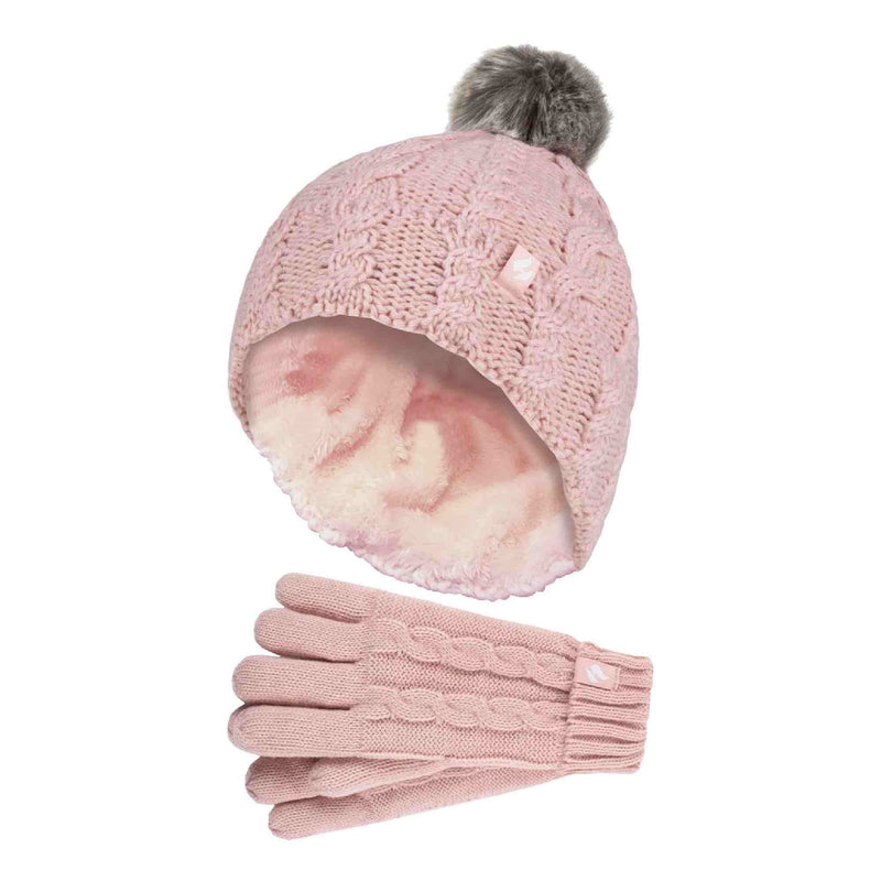 Girls Cable Knit Bobble Pom Pom Thermal Hat & Gloves Set