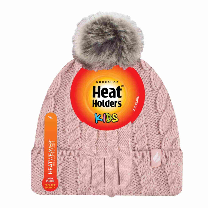 Girls Cable Knit Bobble Pom Pom Thermal Hat & Gloves Set