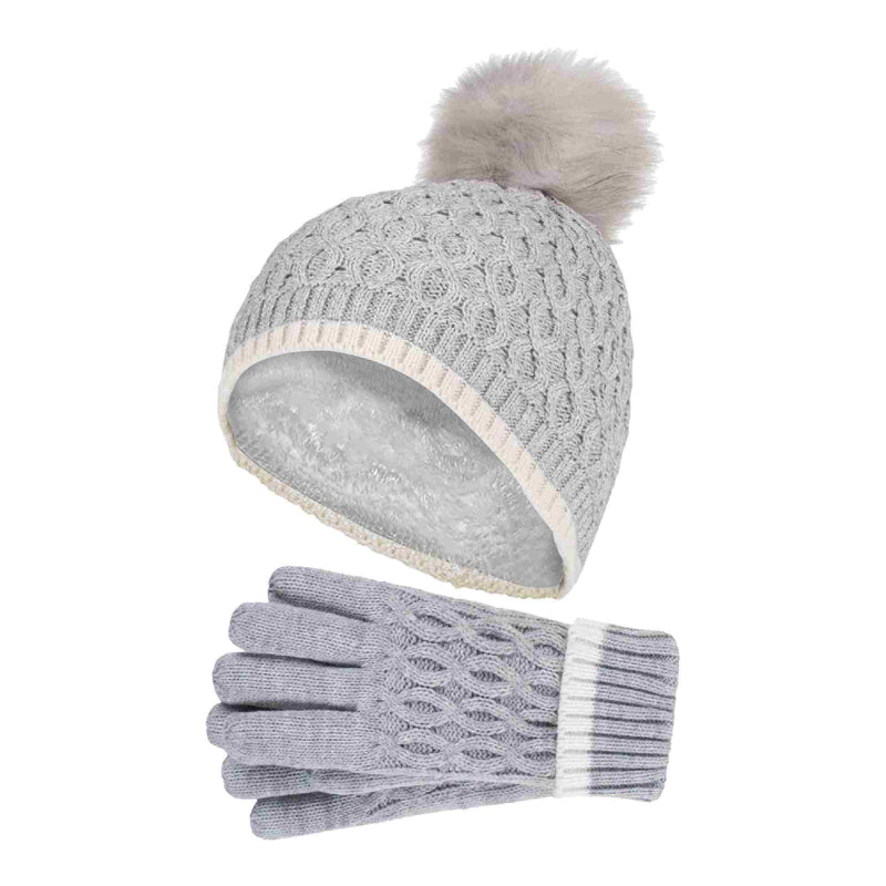 Girls Thermal Insulated Pom Pom Bobble Beanie Hat & Gloves