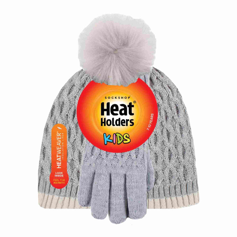Girls Thermal Insulated Pom Pom Bobble Beanie Hat & Gloves