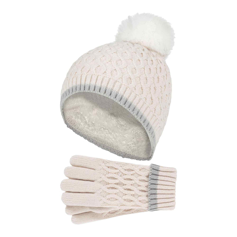 Girls Thermal Insulated Pom Pom Bobble Beanie Hat & Gloves