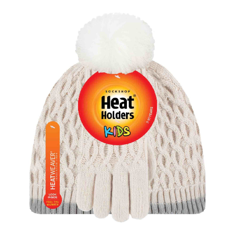 Girls Thermal Insulated Pom Pom Bobble Beanie Hat & Gloves