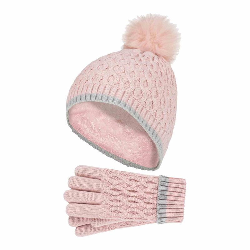 Girls Thermal Insulated Pom Pom Bobble Beanie Hat & Gloves