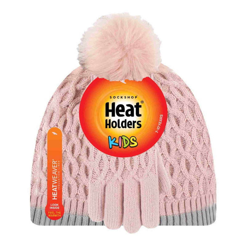 Girls Thermal Insulated Pom Pom Bobble Beanie Hat & Gloves