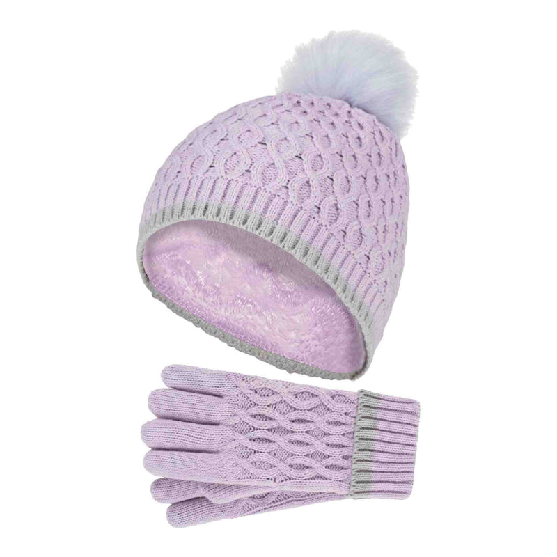 Girls Thermal Insulated Pom Pom Bobble Beanie Hat & Gloves
