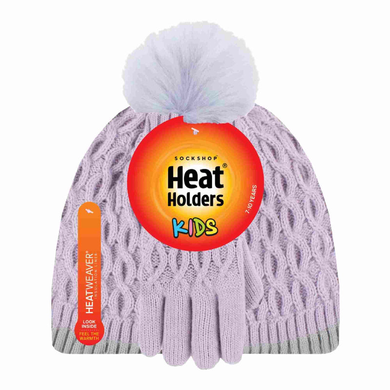 Girls Thermal Insulated Pom Pom Bobble Beanie Hat & Gloves