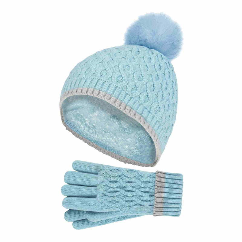 Girls Thermal Insulated Pom Pom Bobble Beanie Hat & Gloves