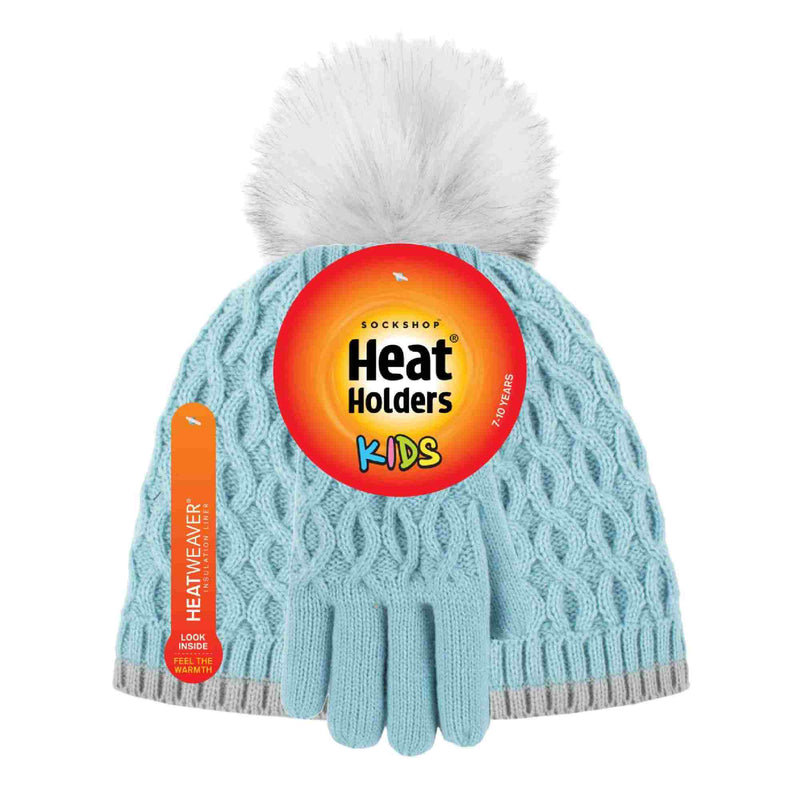 Girls Thermal Insulated Pom Pom Bobble Beanie Hat & Gloves