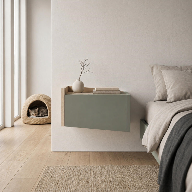 Diago Floating Bedside Table with Drawer and Top Shelf - Left