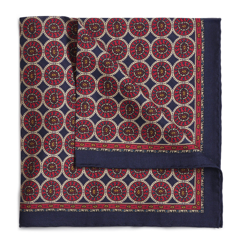 Circular Paisley (Wool & Silk Mix) Pocket Square In Navy