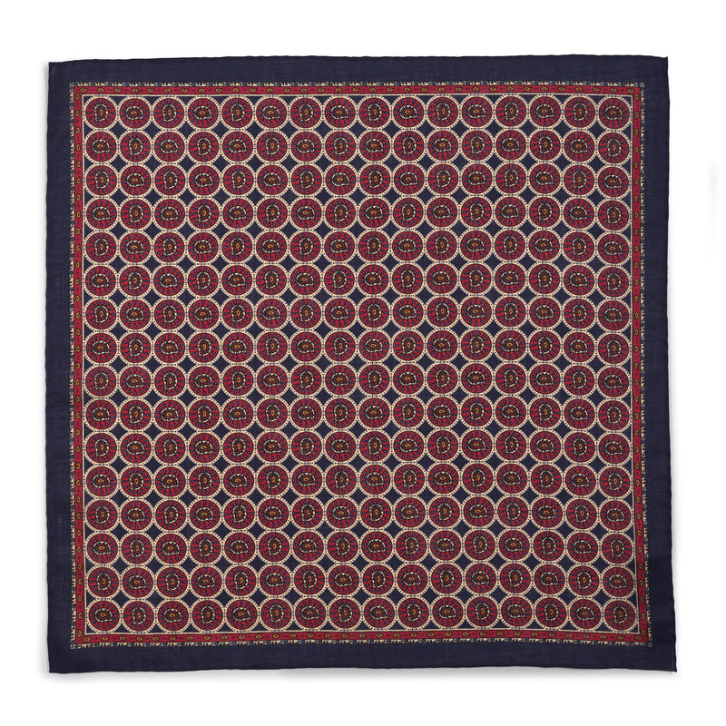 Circular Paisley (Wool & Silk Mix) Pocket Square In Navy