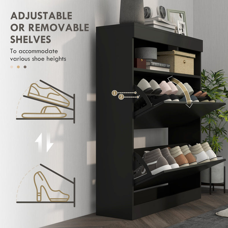 High Gloss Black Shoe Cabinet 2 Flip Drawers 16 Pair Shoes Storage Organiser