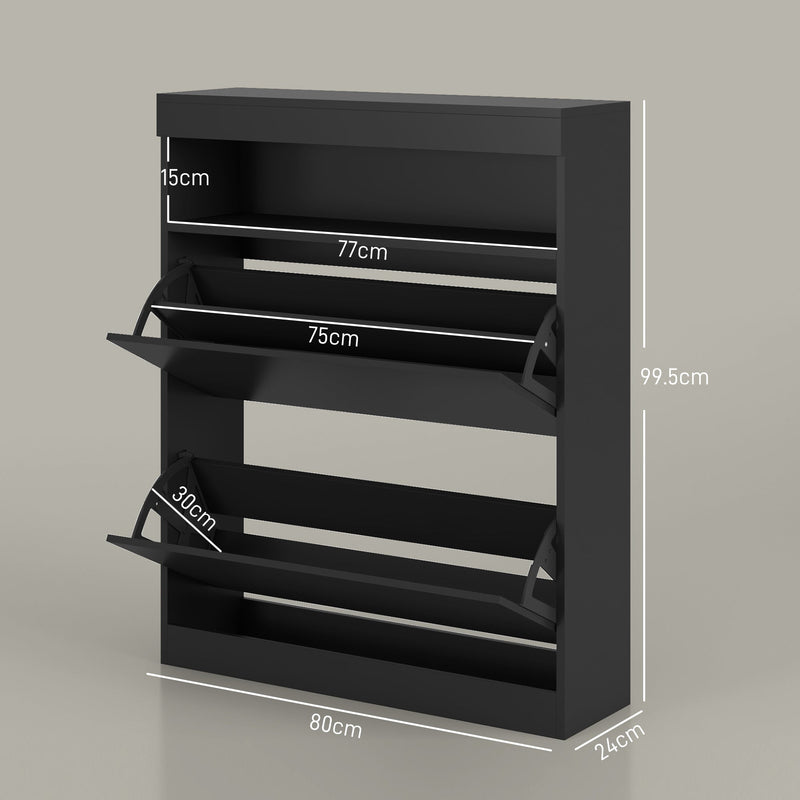 High Gloss Black Shoe Cabinet 2 Flip Drawers 16 Pair Shoes Storage Organiser