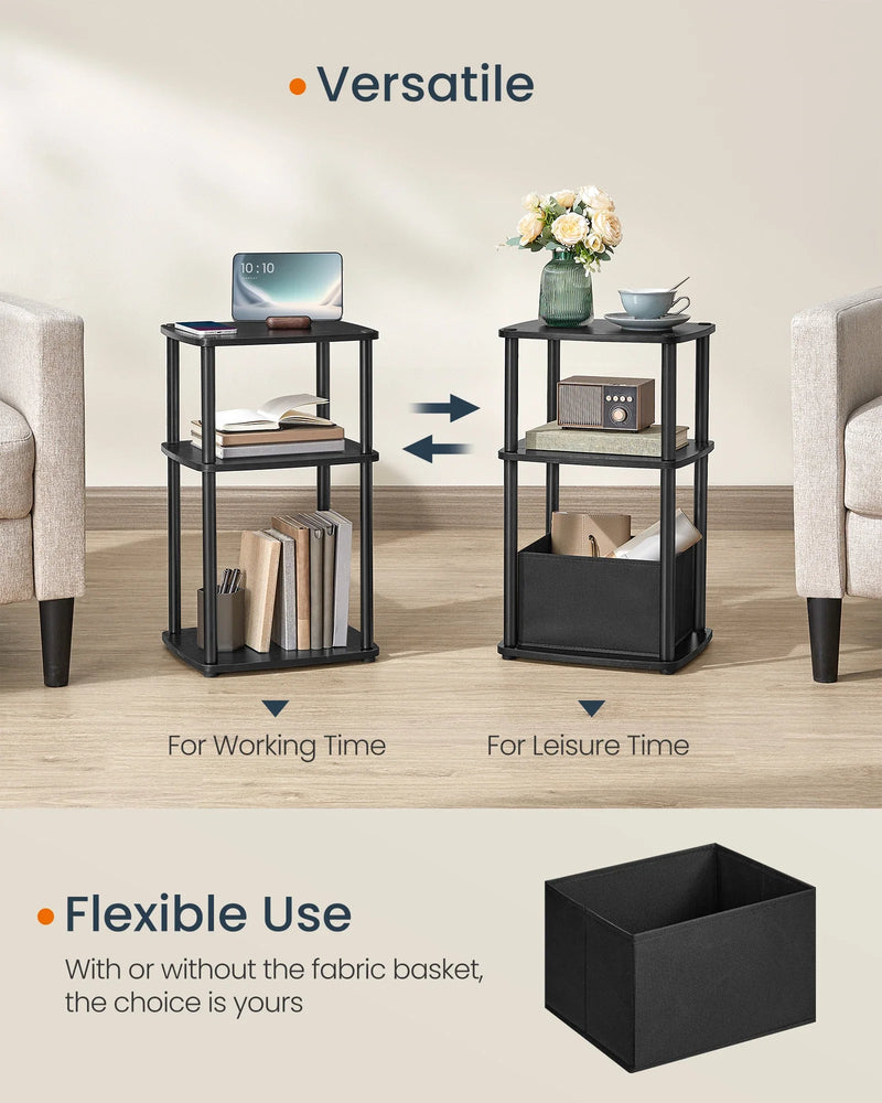 Black Side Table with 3 Shelves & Fabric Basket Bedside End Table Home Storage