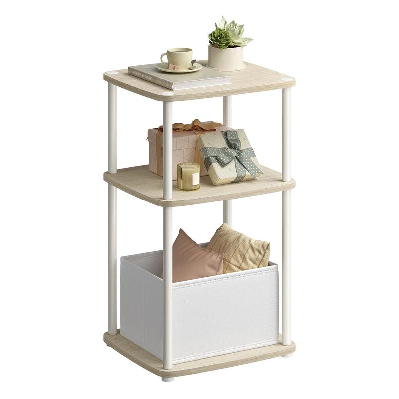 Black Side Table with 3 Shelves & Fabric Basket Bedside End Table Home Storage