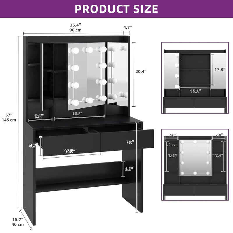 Black Dressing Table Vanity Desk with Mirror - Adjustable Brightness LED Lights