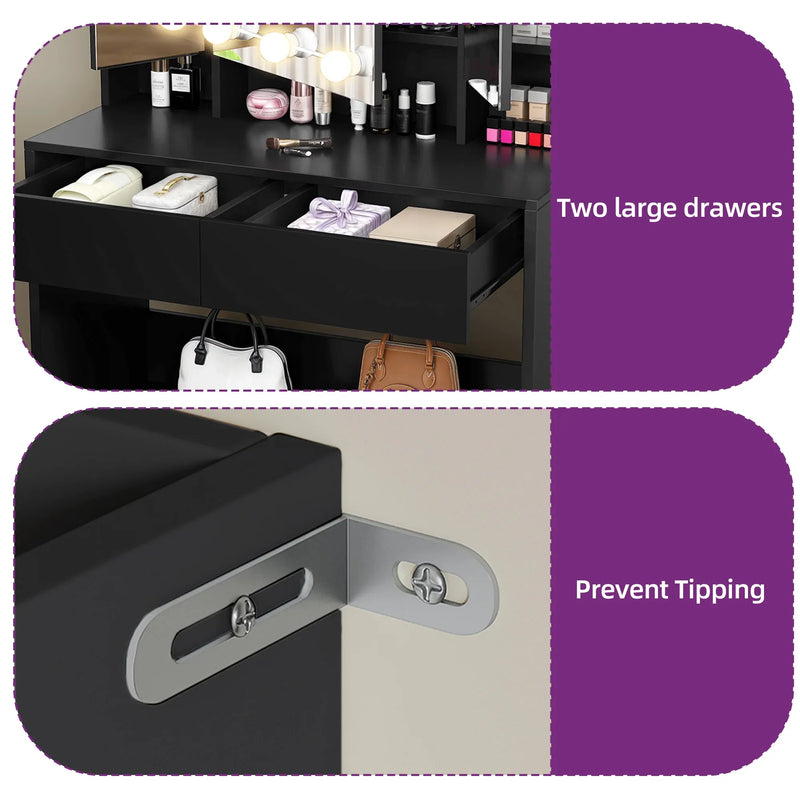 Black Dressing Table Vanity Desk with Mirror - Adjustable Brightness LED Lights