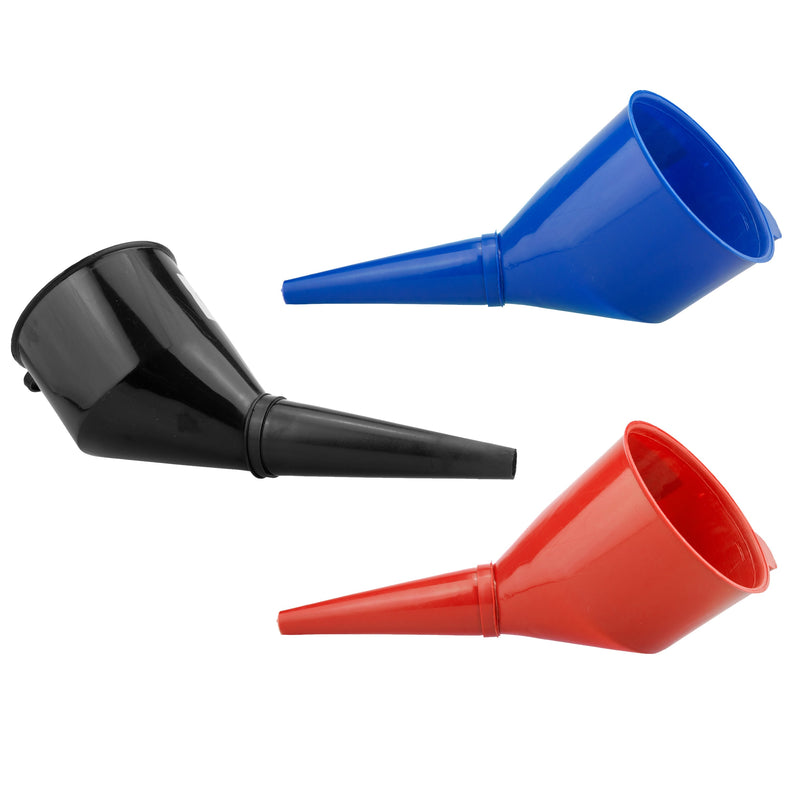 Angled Car Fuel Funnels with Filter (Black, Red & Blue)