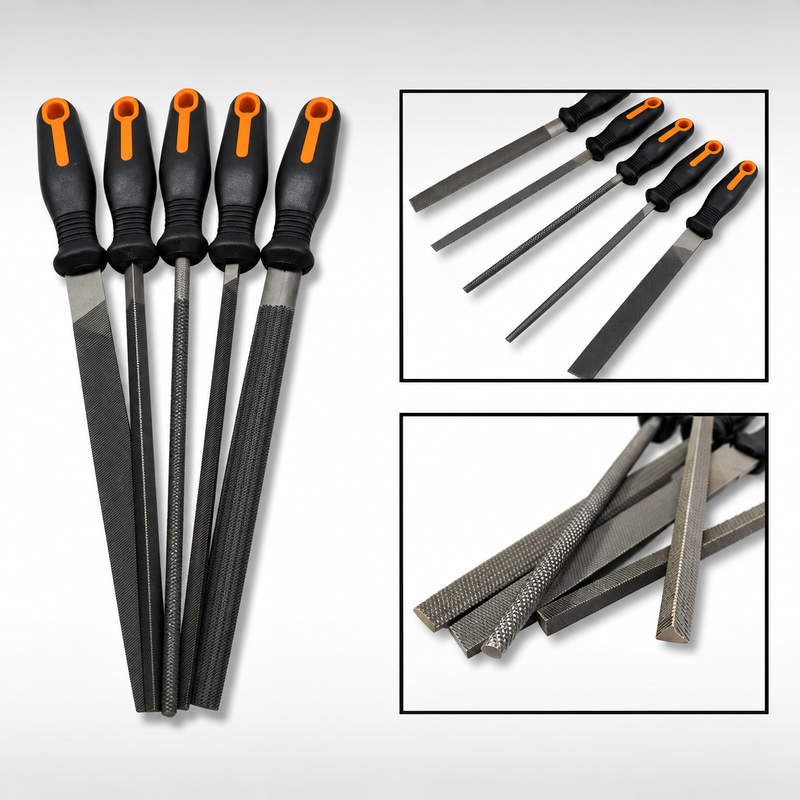5pc File Set 8" Soft Grip Engineer Metal Half Round Flat Triangular Square Kit
