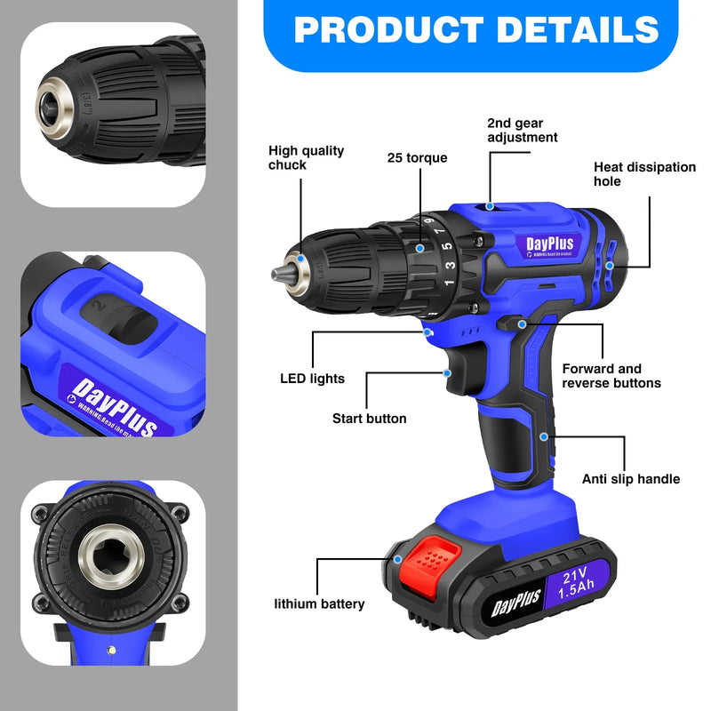 Blue 21V Cordless Power Drill Driver Set 45Nm Torque DIY Tool Kit with LED Light