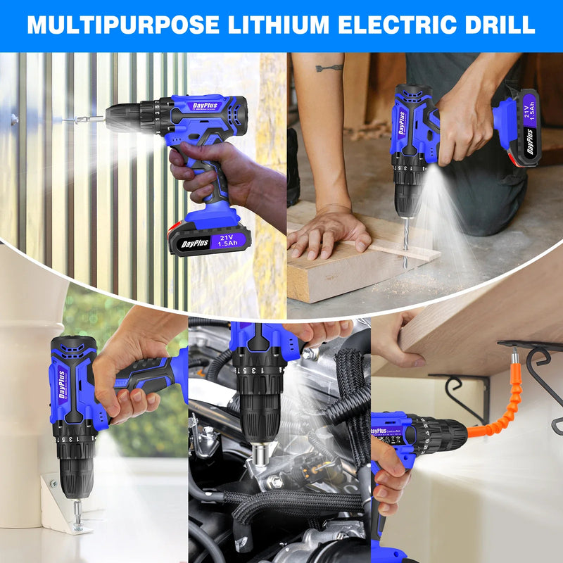 Blue 21V Cordless Power Drill Driver Set 45Nm Torque DIY Tool Kit with LED Light