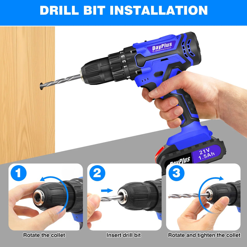 Blue 21V Cordless Power Drill Driver Set 45Nm Torque DIY Tool Kit with LED Light