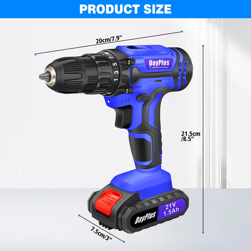 Blue 21V Cordless Power Drill Driver Set 45Nm Torque DIY Tool Kit with LED Light