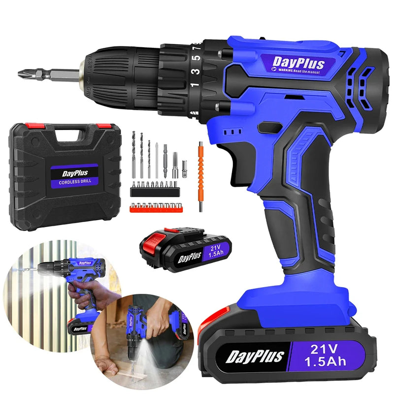 Blue 21V Cordless Power Drill Driver Set 45Nm Torque DIY Tool Kit with LED Light