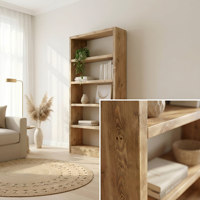 Solid Wood Bookshelf – Natural Finish Open Bookcase, Rustic Scandinavian Design
