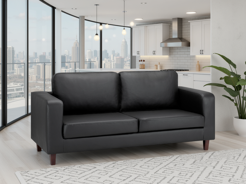 Stylish Box Black 3-Seater Sofa - Foam-Filled Cushions, Elegant Wooden Feet
