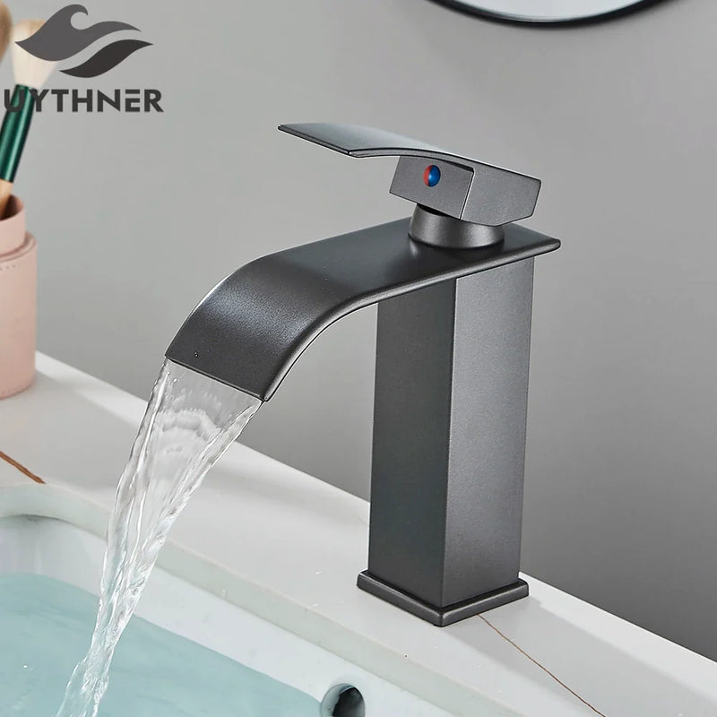 Brushed Gold/Chrome/Black Waterfall Basin Tap Handle Mixer Bathroom Sink Faucet
