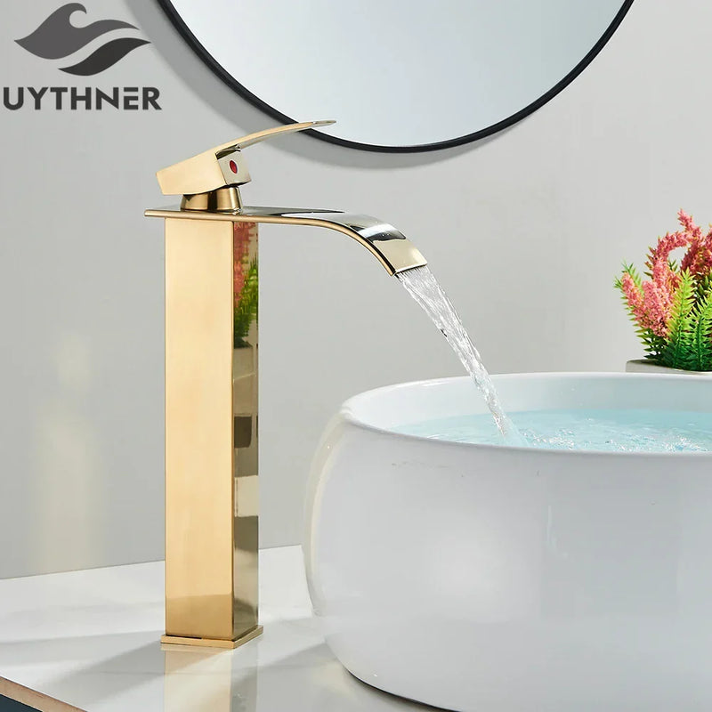 Brushed Gold/Chrome/Black Waterfall Basin Tap Handle Mixer Bathroom Sink Faucet