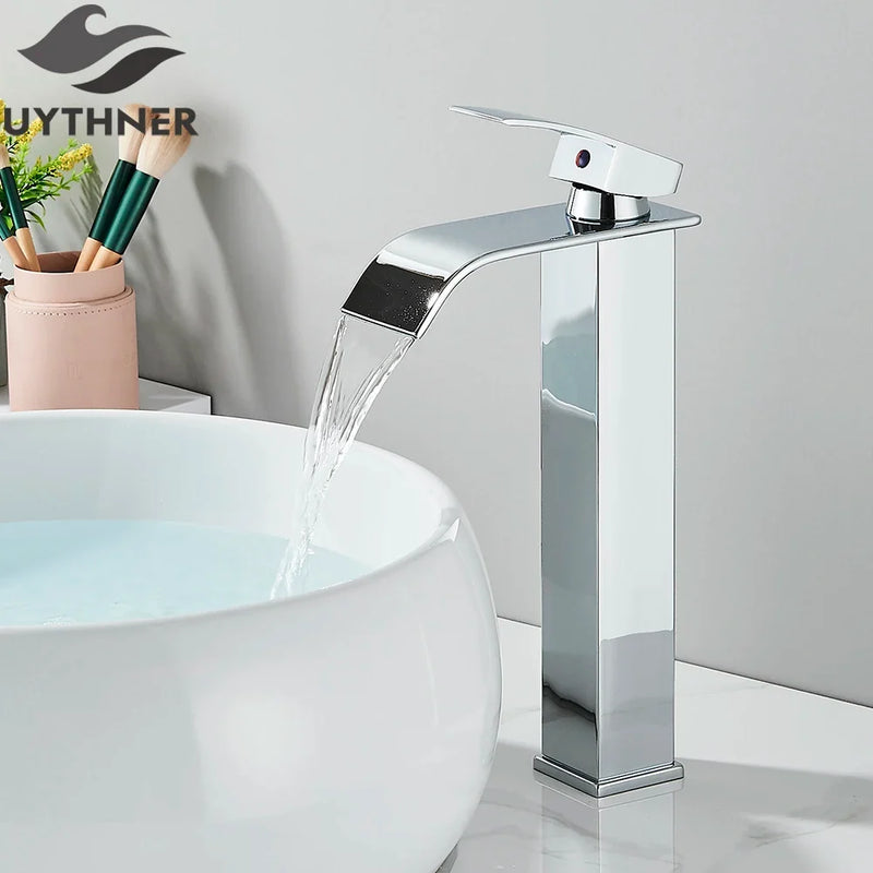 Brushed Gold/Chrome/Black Waterfall Basin Tap Handle Mixer Bathroom Sink Faucet