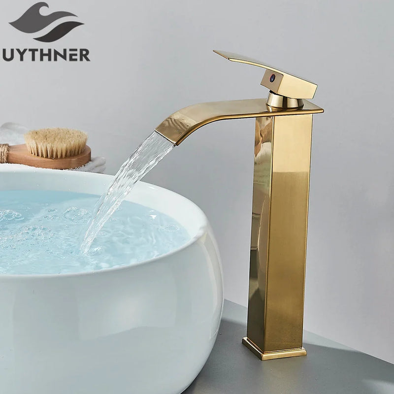 Brushed Gold/Chrome/Black Waterfall Basin Tap Handle Mixer Bathroom Sink Faucet