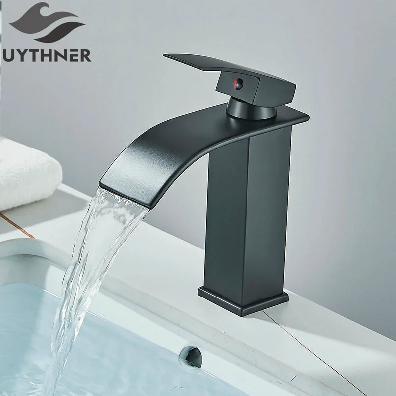 Brushed Gold/Chrome/Black Waterfall Basin Tap Handle Mixer Bathroom Sink Faucet