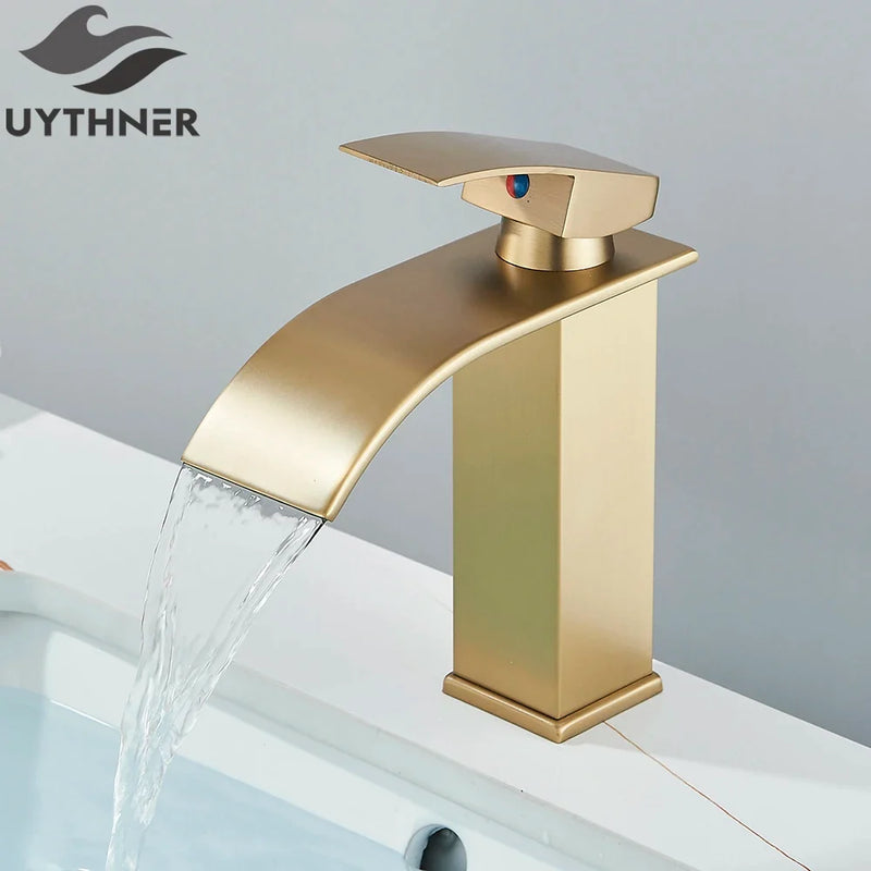 Brushed Gold/Chrome/Black Waterfall Basin Tap Handle Mixer Bathroom Sink Faucet