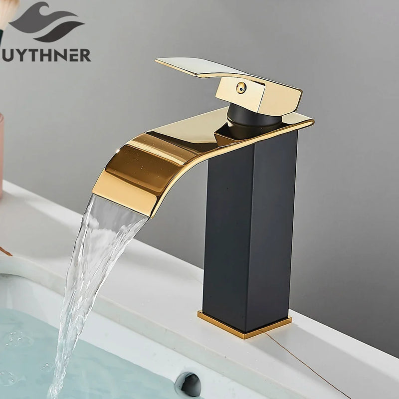 Brushed Gold/Chrome/Black Waterfall Basin Tap Handle Mixer Bathroom Sink Faucet