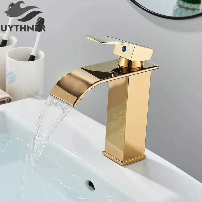 Brushed Gold/Chrome/Black Waterfall Basin Tap Handle Mixer Bathroom Sink Faucet