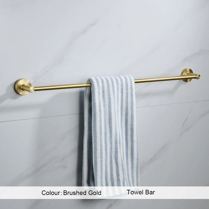 Brushed Gold Wall Mount Toilet Accessories - Towel Bar, Roll Holder, Robe Hook