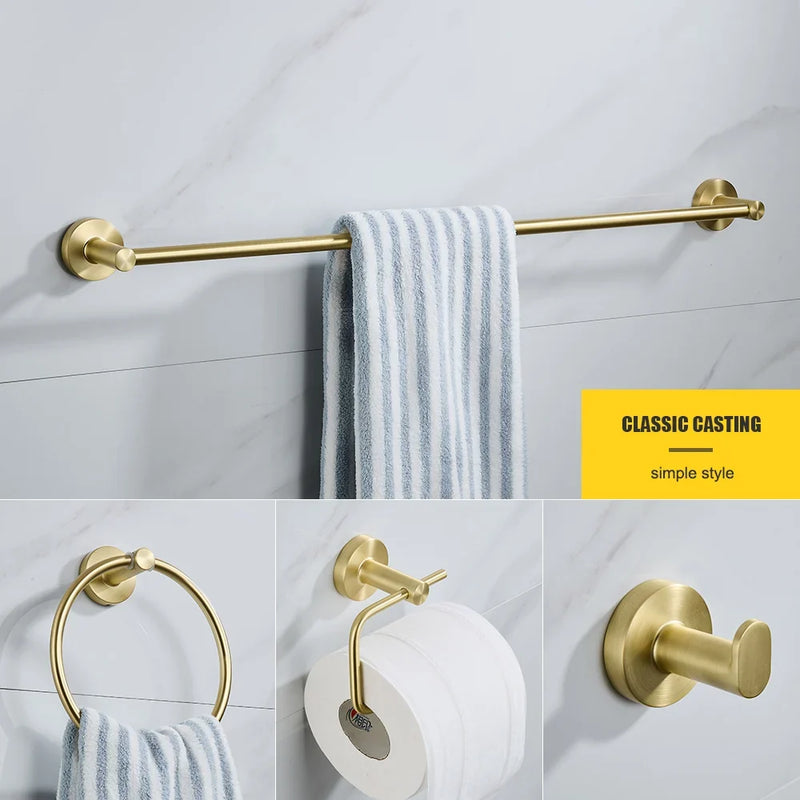 Brushed Gold Wall Mount Toilet Accessories - Towel Bar, Roll Holder, Robe Hook